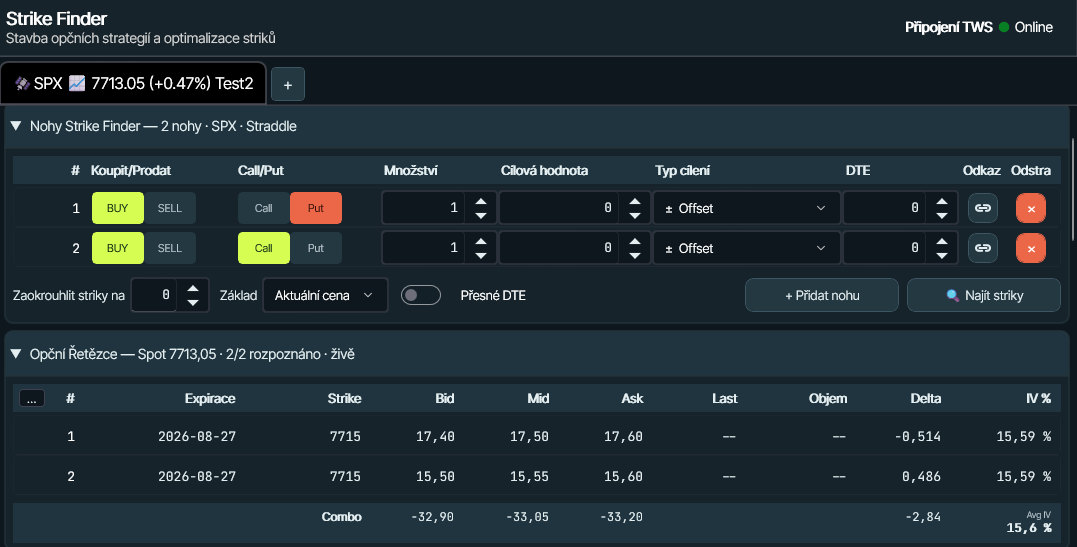 Strike Finder - testovací straddle na SPX